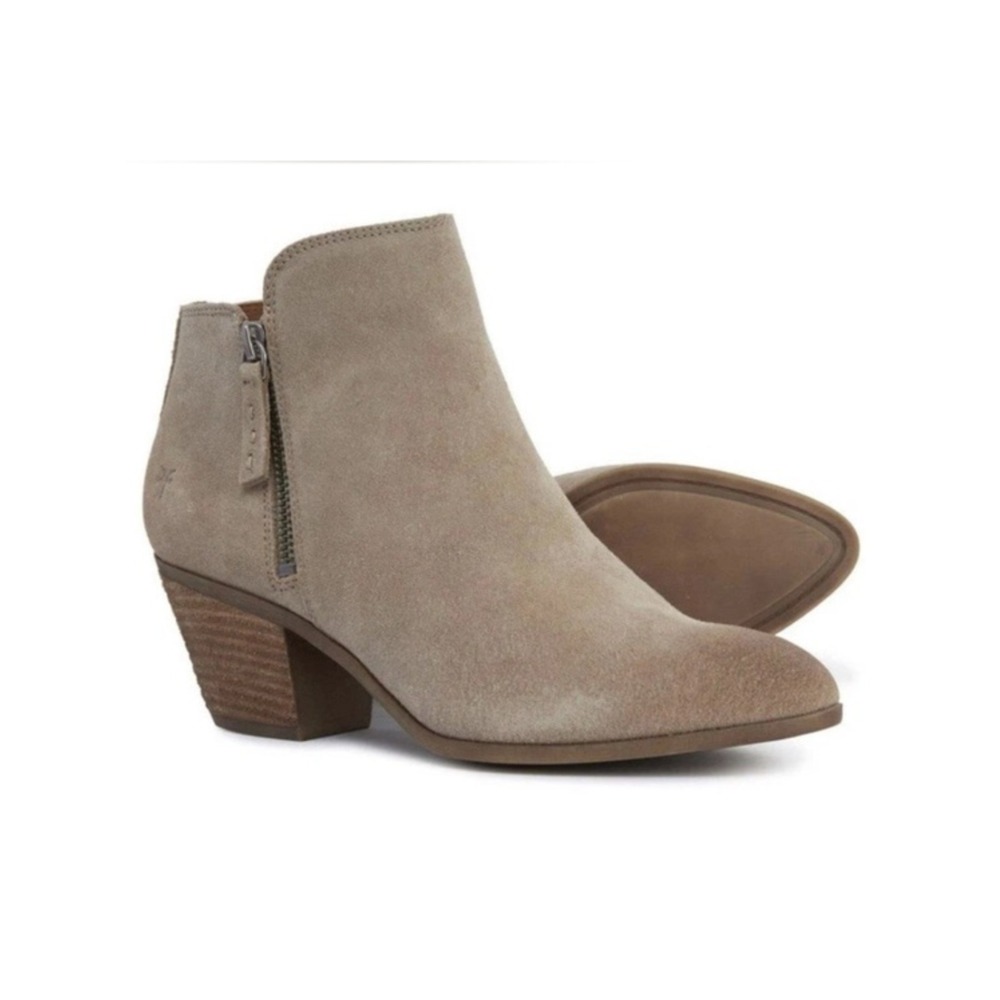 Frye & Co. Ankle Boots Ash Suede Pointed Toe‎ Stacked Block Heel Size 7.5M